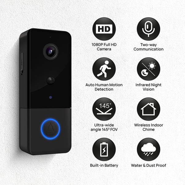 Wipro Smart Wireless Doorbell, Black, 2 MP 1080p Full HD Camera with  Night Vision